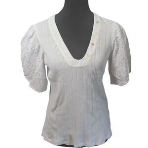 PORRIDGE Anthropologie Eyelet Puff Sleeve Ribbed Knit Top White Medium